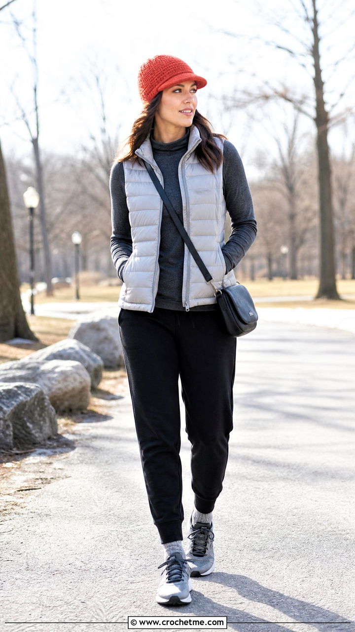 Brimmed Crochet Beanie With Puffer Vest And Joggers - 35 crochet brim hat outfit ideas