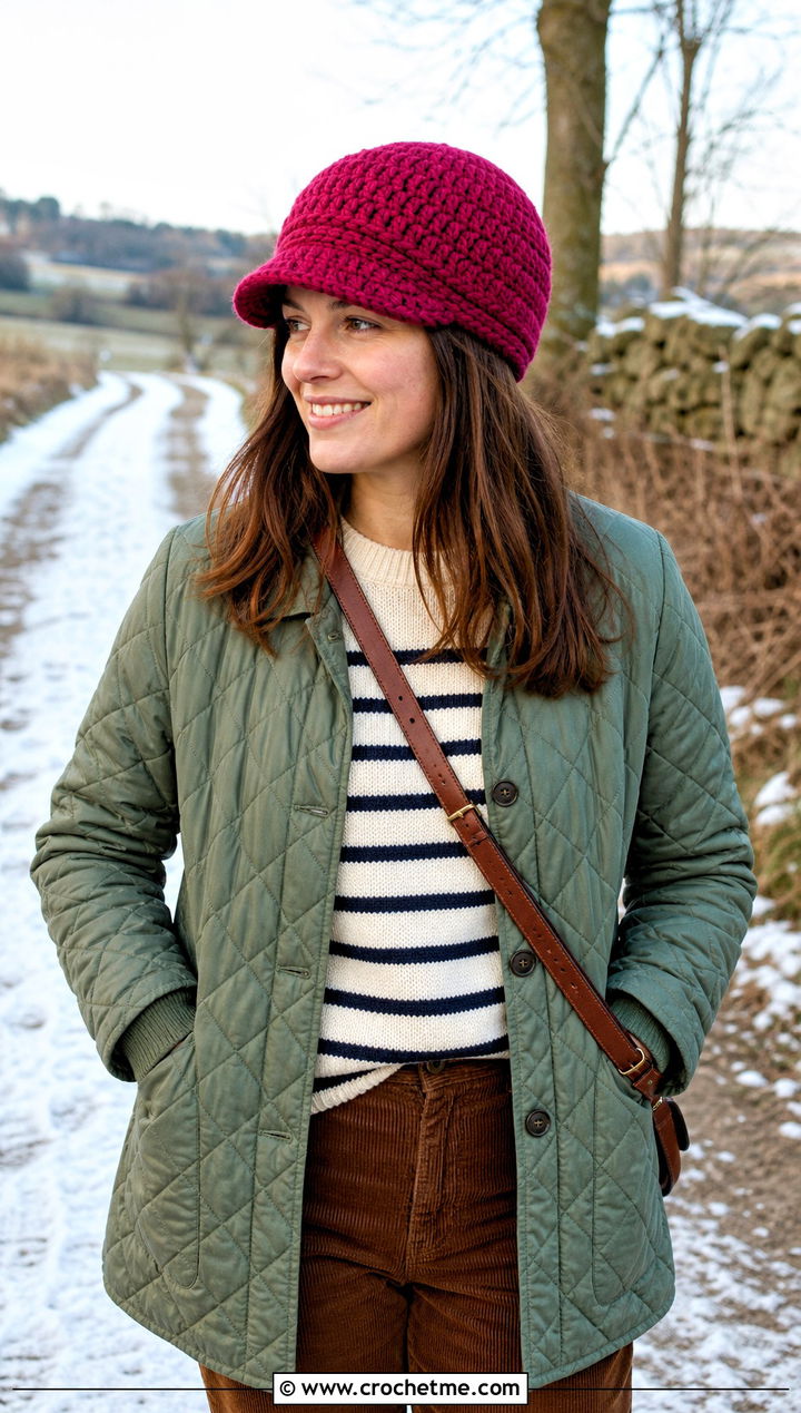 Brimmed Crochet Beanie With Quilted Jacket - 25 Worsted Weight Yarn Crochet Hat outfit ideas