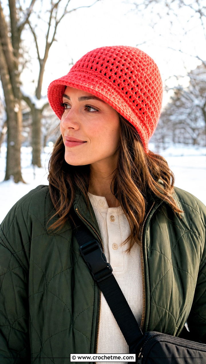 Brimmed Crochet Beanie With Quilted Jacket - 30 winter crochet beanie outfit ideas