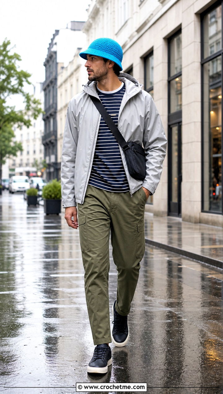Brimmed Crochet Beanie With Rain Jacket - 35 mens crochet hat outfit ideas