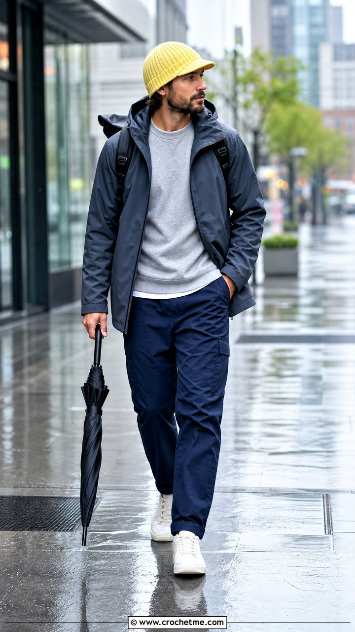 Brimmed Crochet Beanie With Rain Jacket And Utility Pants - 35 crochet hat for men outfit ideas