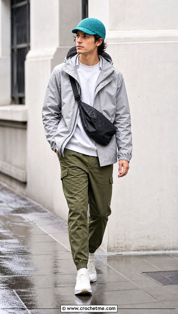 Brimmed Crochet Beanie With Rain Jacket - 35 mens crochet beanie outfit ideas