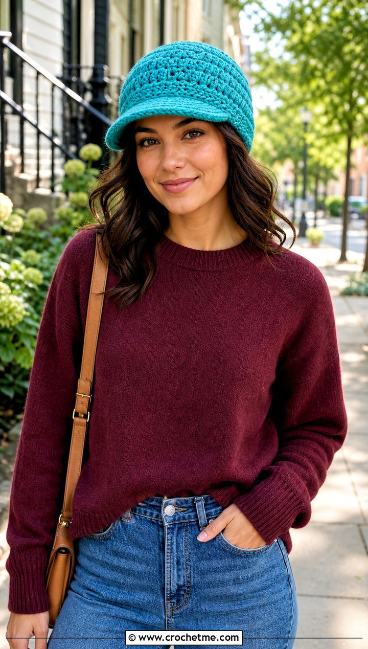 Brimmed Crochet Beanie With Sweater And Jeans - 25 Women Crochet Beanie outfit ideas