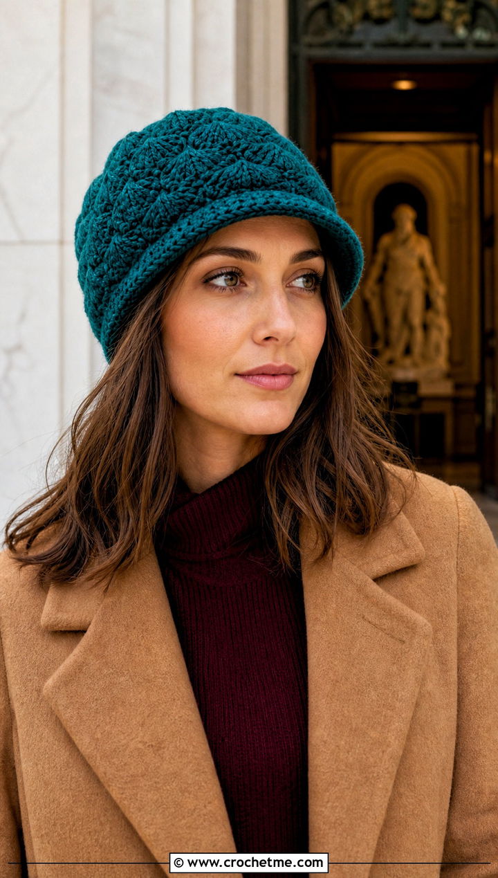 Brimmed Crochet Beanie With Sweater Dress - 30 crochet beanies for women outfit ideas