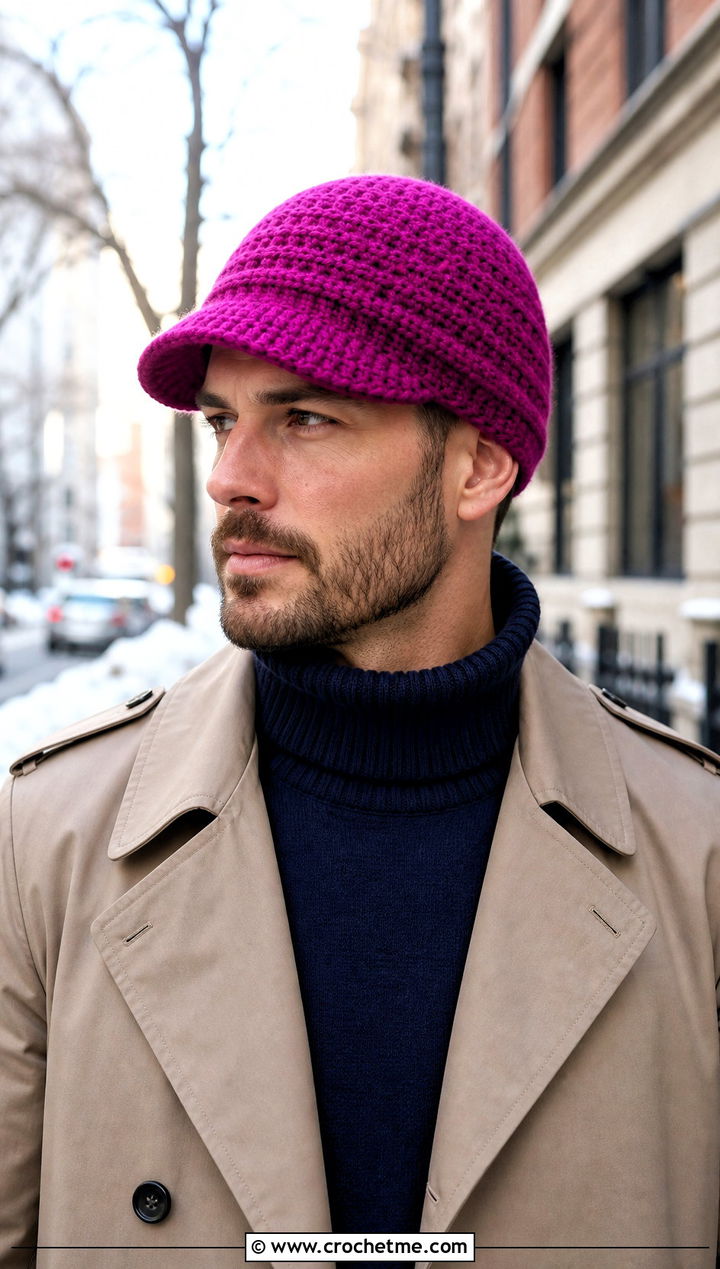 Brimmed Crochet Beanie With Trench Coat - 25 Crochet Mens Winter Hat outfit ideas