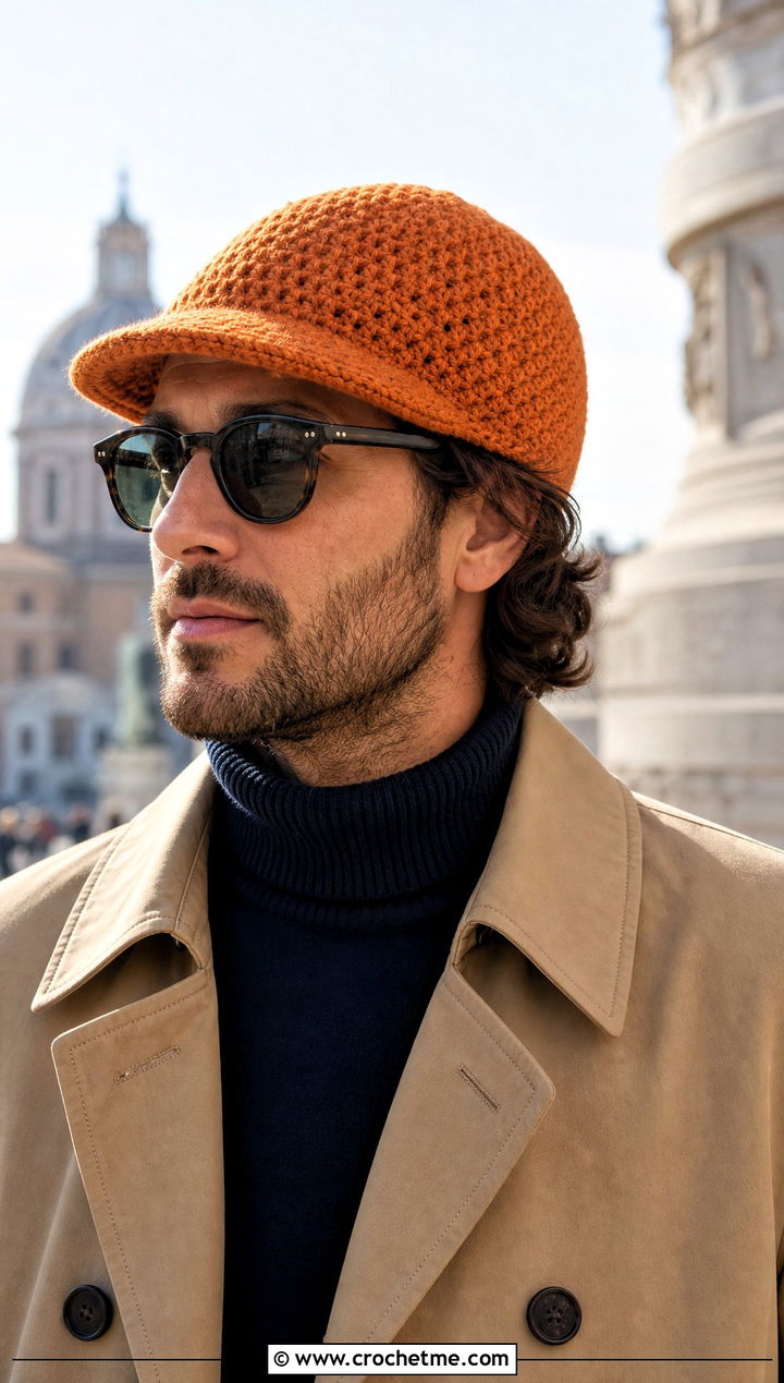 Brimmed Crochet Beanie With Trench Coat - 25 mens winter crochet hats outfit ideas
