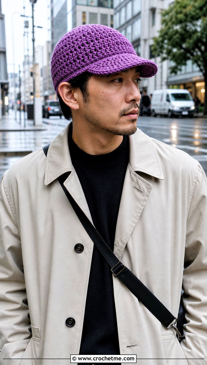 Brimmed Crochet Beanie With Trench Coat - 30 mens crochet hats men's beanie outfit ideas
