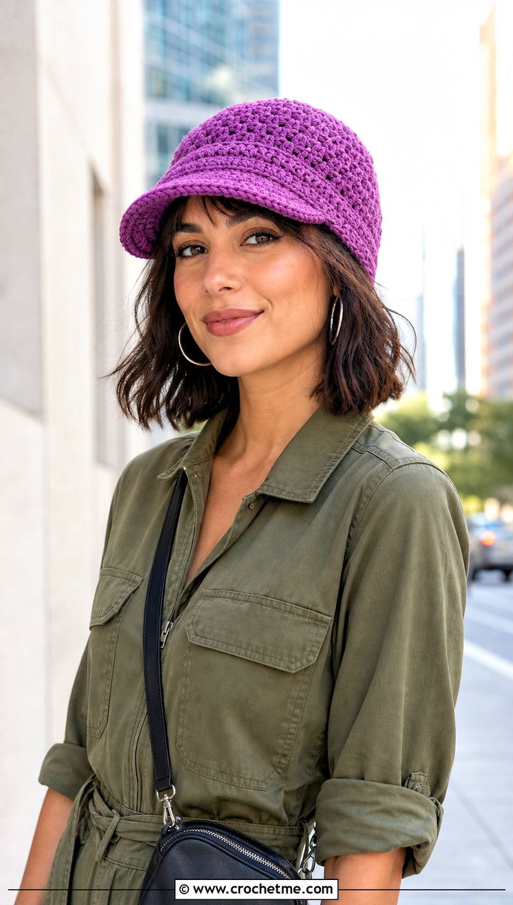 Brimmed Crochet Beanie With Utility Jumpsuit And Sneakers - 25 easy crochet beanies outfit ideas