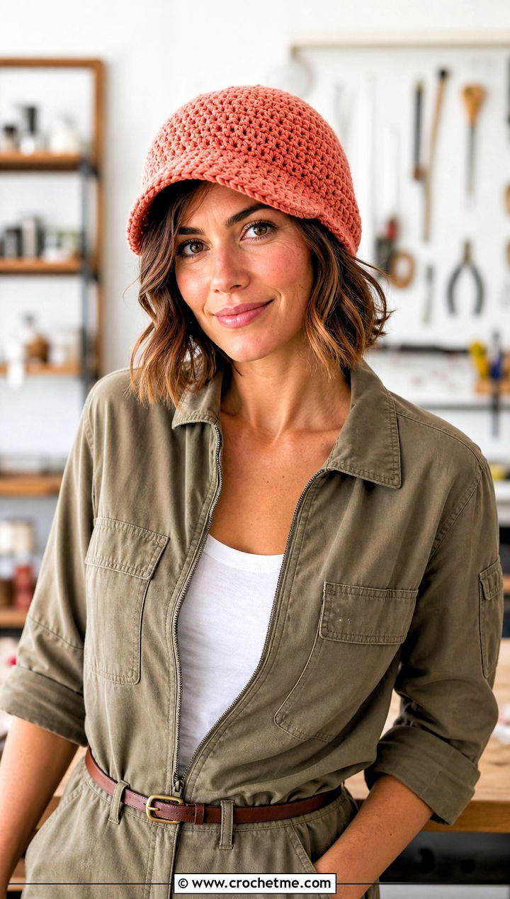 Brimmed Crochet Beanie With Utility Jumpsuit - 20 Fun Crochet Beanie outfit ideas