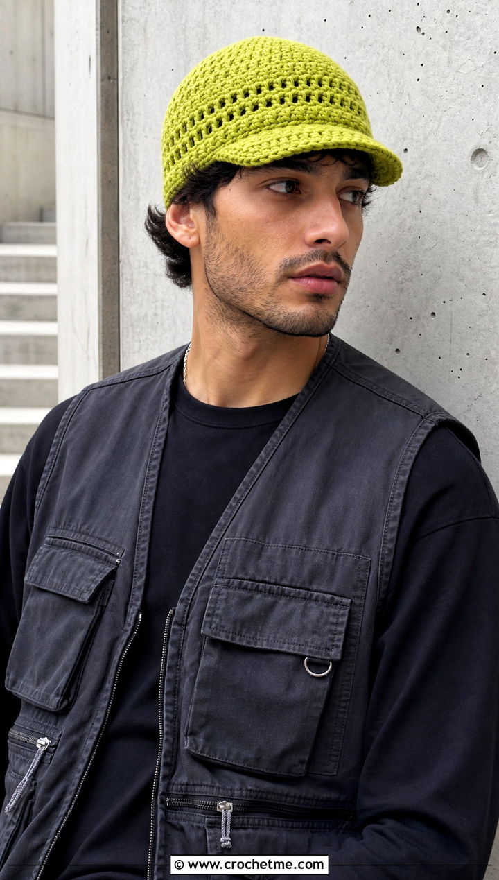 Brimmed Crochet Beanie With Utility Vest - 25 easy crochet beanie for men outfit ideas