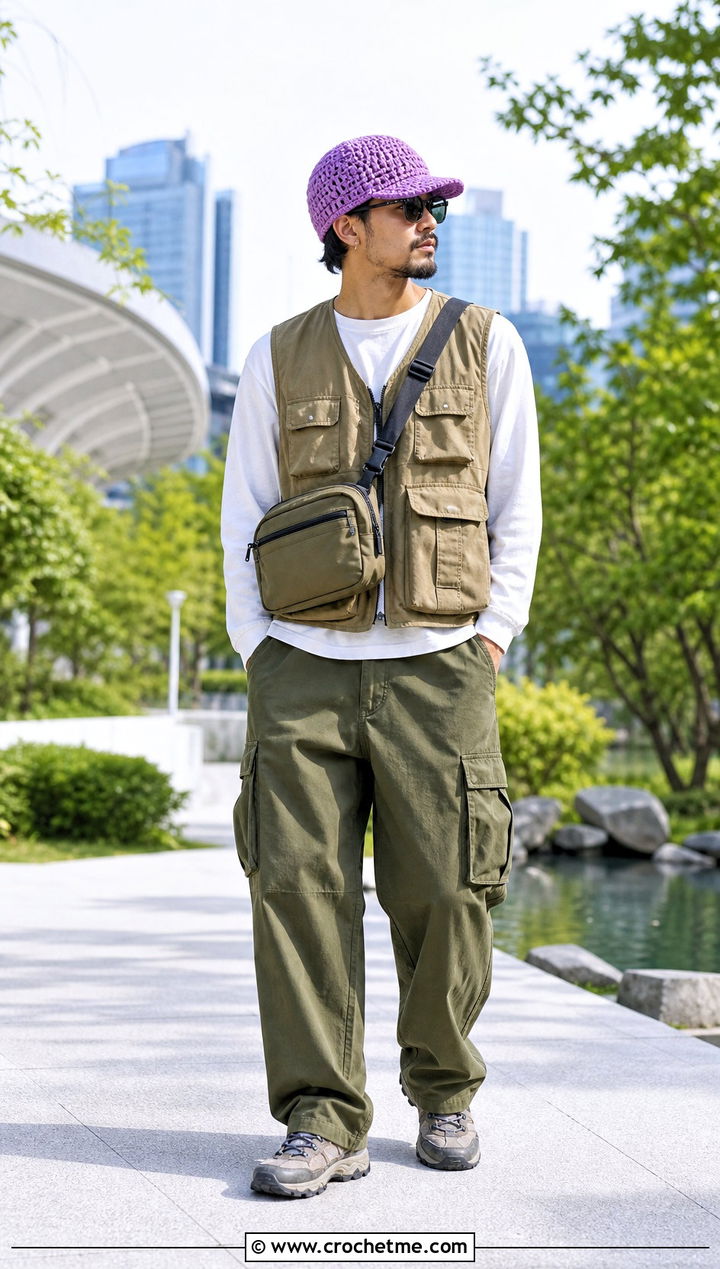 Brimmed Crochet Beanie With Utility Vest - 35 Men Crochet Beanie outfit ideas