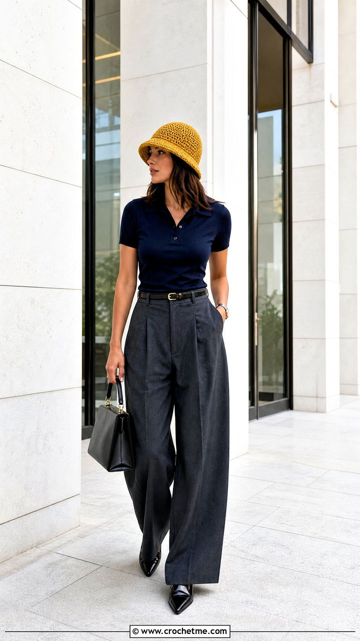 Brimmed Crochet Beanie With Wide Leg Trousers - 35 aesthetic crochet beanie outfit ideas