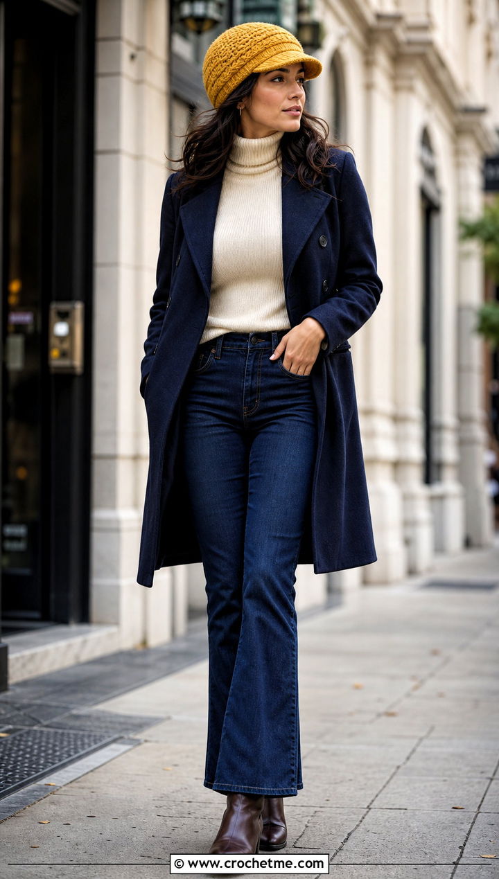 Brimmed Crochet Beanie With Wool Coat And Flared Jeans - 35 women crochet hat outfit ideas