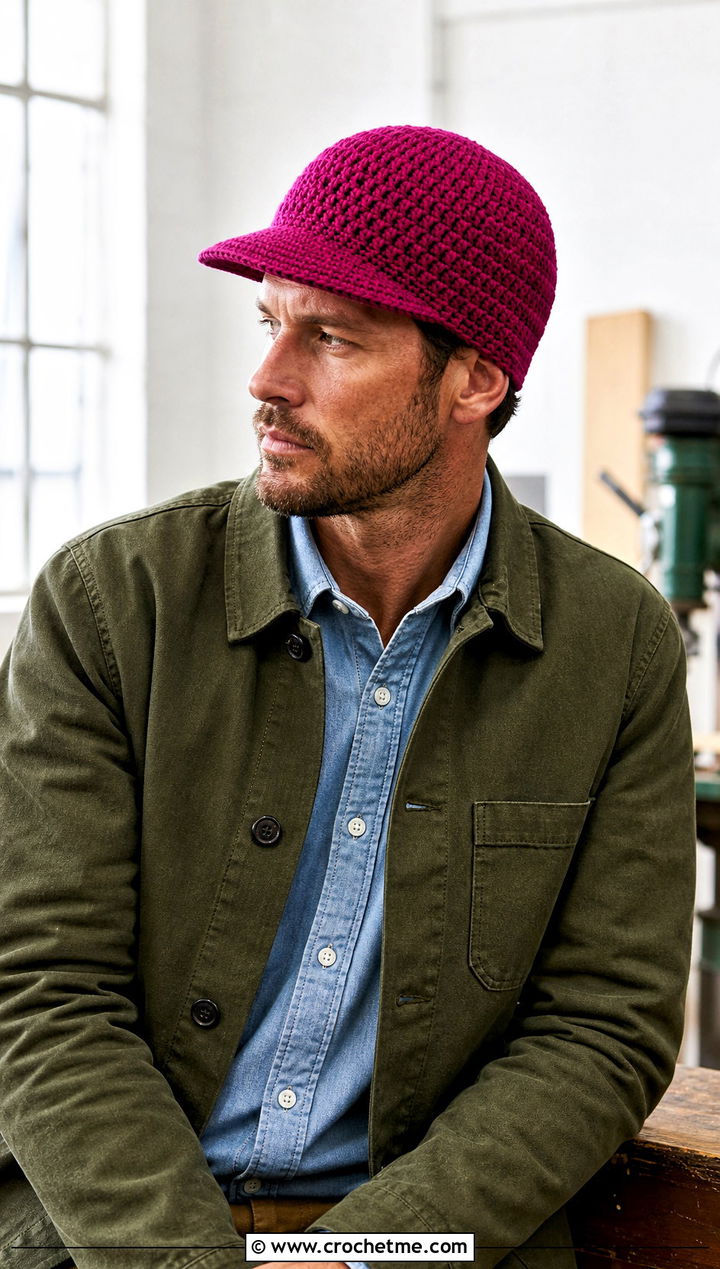 Brimmed Crochet Beanie With Workwear Jacket - 25 crochet for men's beanies outfit ideas