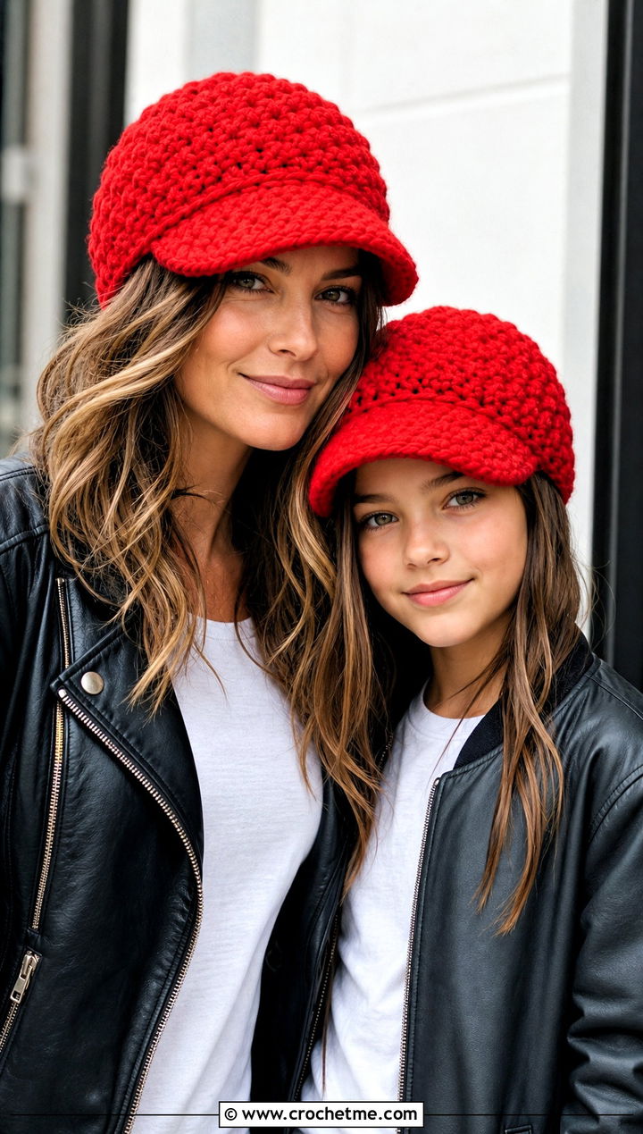 Brimmed Crochet Beanies With Leather Jackets - 25 crochet mommy and me hats outfit ideas