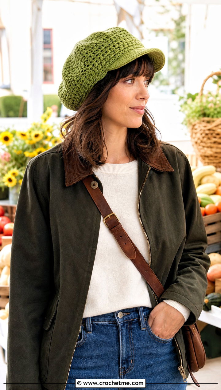 Brimmed Crochet Beret With Barn Jacket And Riding Boots - 30 crochet berets outfit ideas