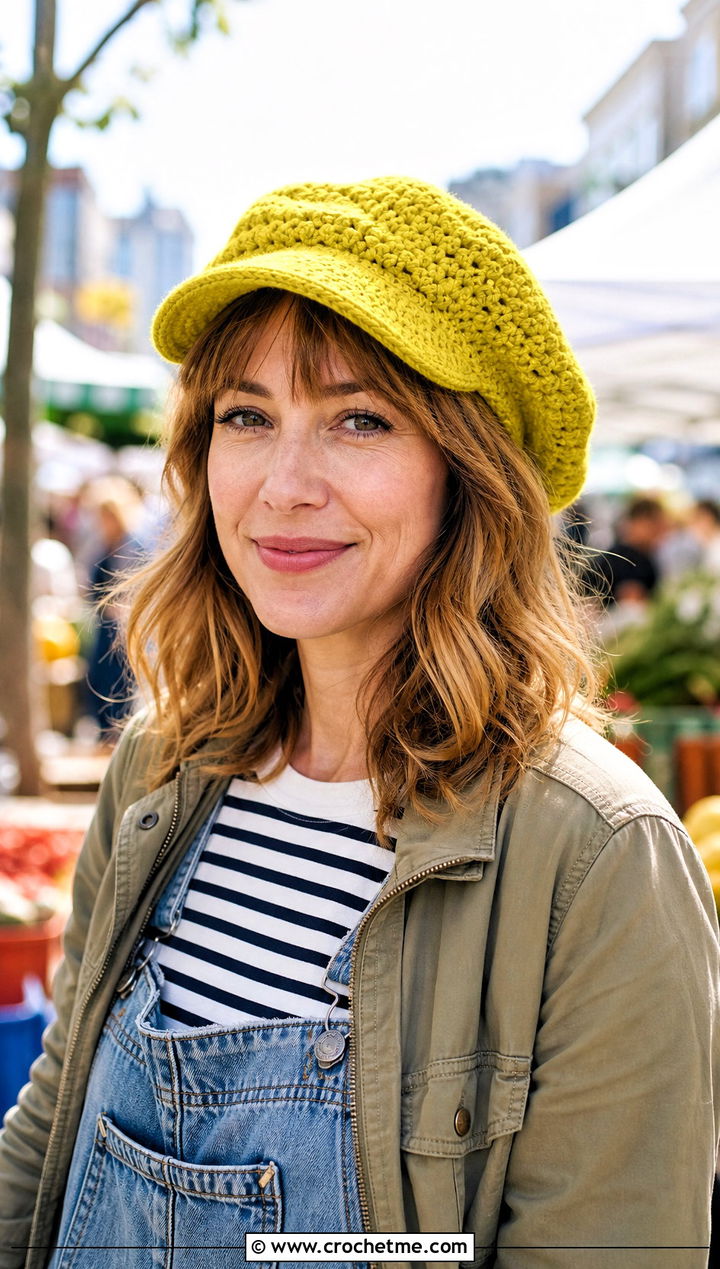 Brimmed Crochet Beret With Overalls - 20 crochet beret hat outfit ideas