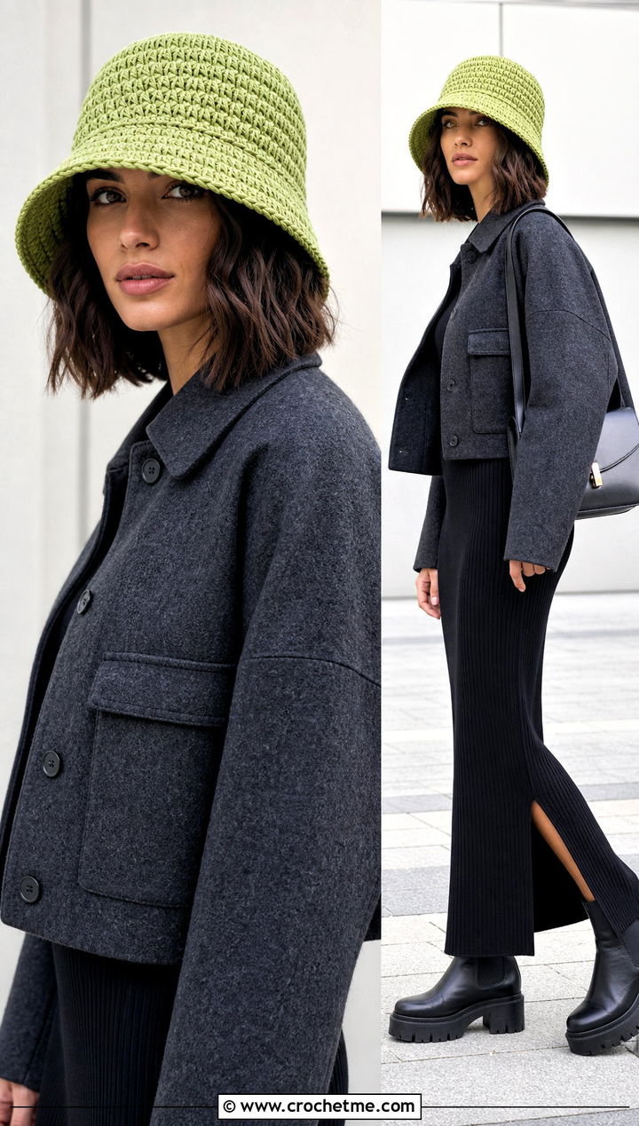 Brimmed Crochet Bucket Hat With Cropped Jacket And Maxi Dress - 30 easy crochet winter hat outfit ideas