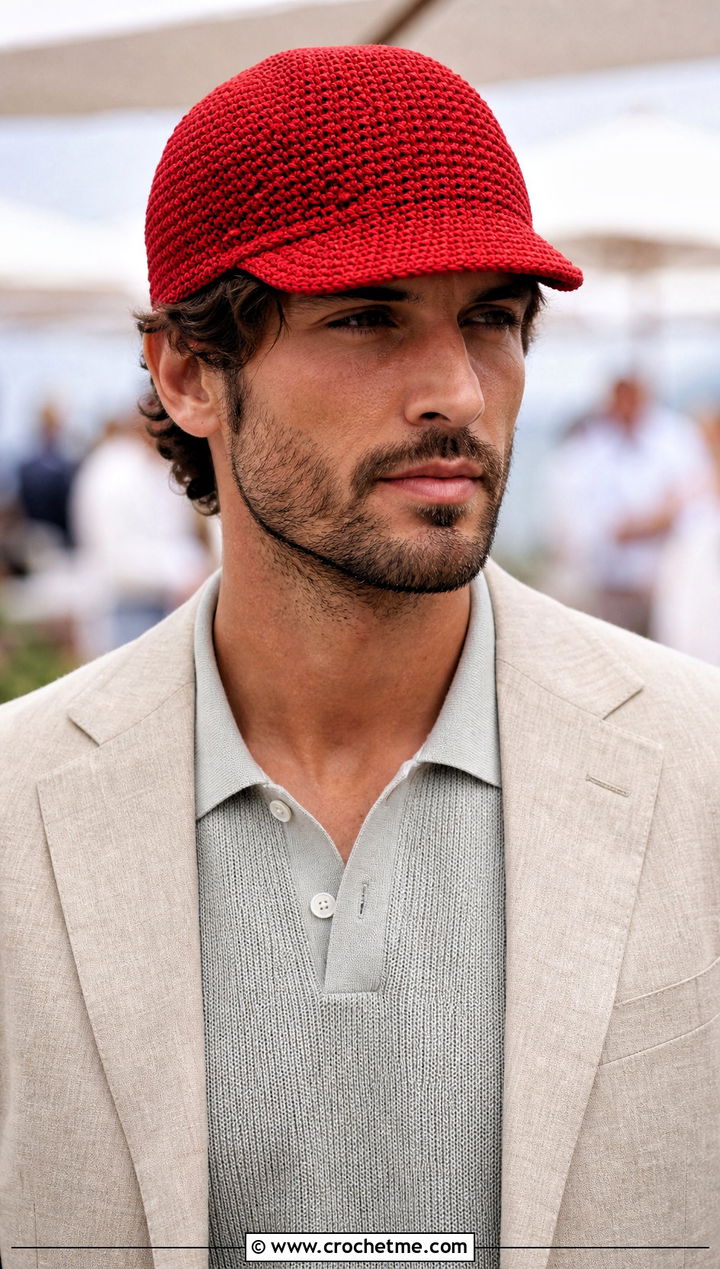Brimmed Crochet Cap With Linen Suit - 25 crocheted mens hats outfit ideas