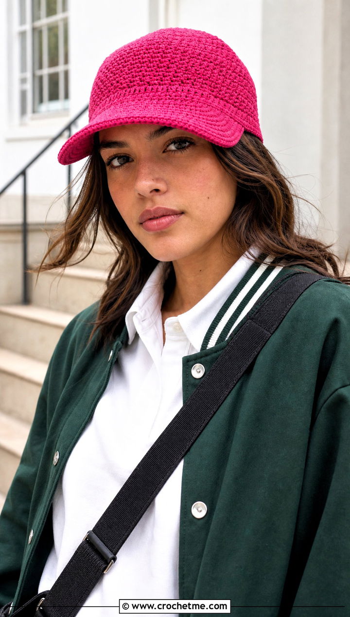 Brimmed Crochet Cap With Varsity Jacket - 20 Warm Crochet Hat outfit ideas