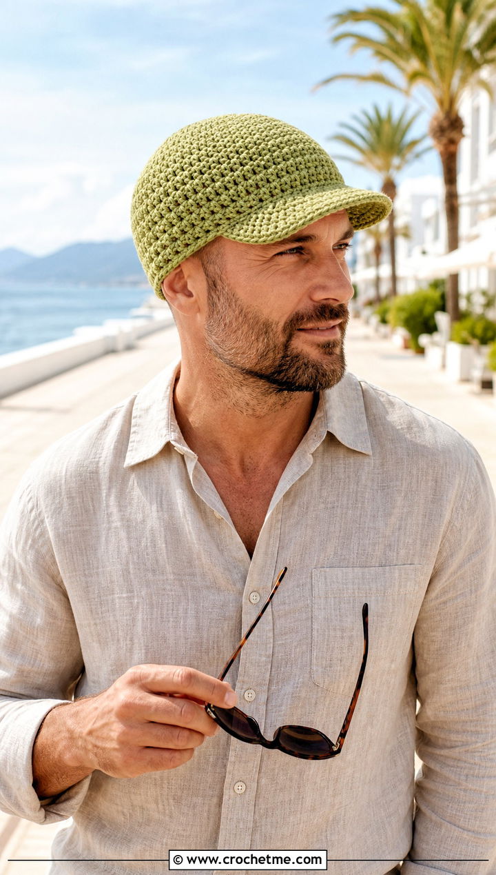 Brimmed Crochet Chemo Cap With Linen Shirt - 25 Crochet Chemo Caps For Men outfit ideas
