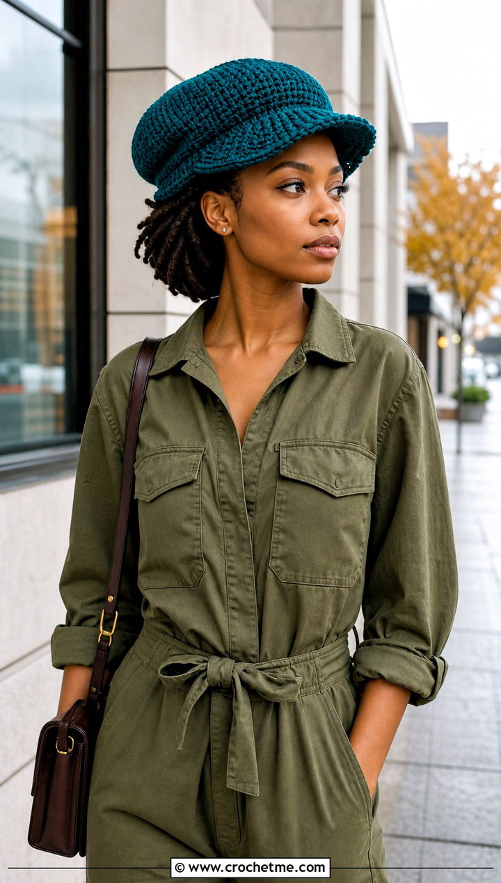 Brimmed Crochet Dread Cap With Utility Jumpsuit - 20 Crochet Dread Cap outfit ideas