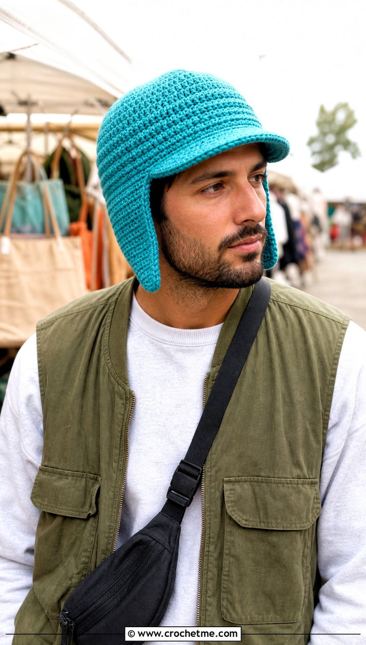 Brimmed Crochet Earflap Hat With Utility Vest - 15 Mens Crochet Hat With Earflaps outfit ideas