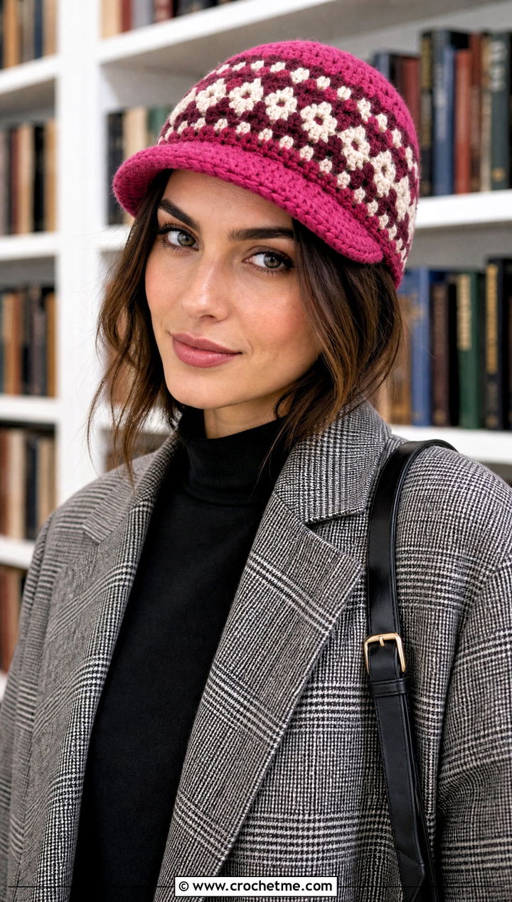 Brimmed Crochet Fair Isle Beanie With Plaid Blazer - 25 Crochet Fair Isle Hat outfit ideas