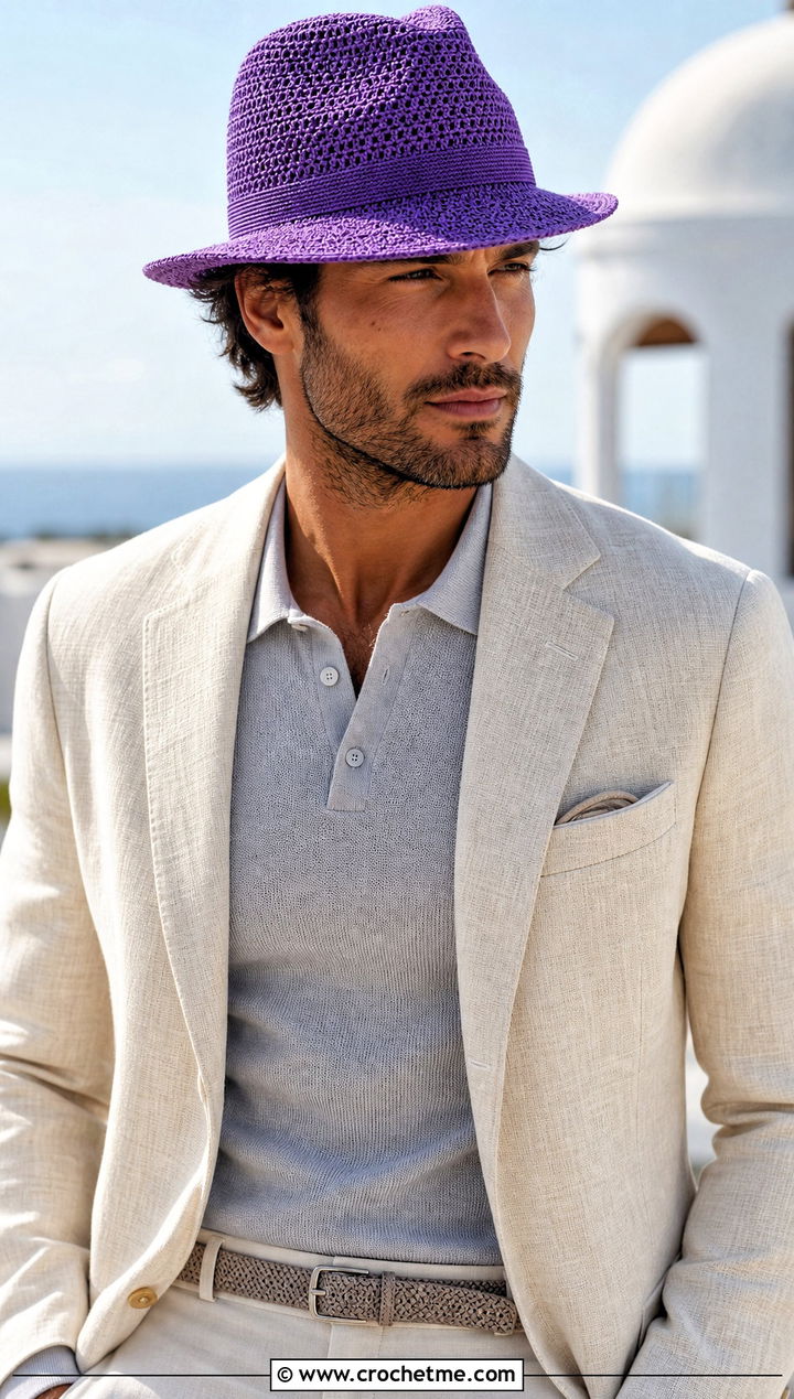 Brimmed Crochet Fedora With Linen Suit - 15 Easy Crochet Mens Hat outfit ideas
