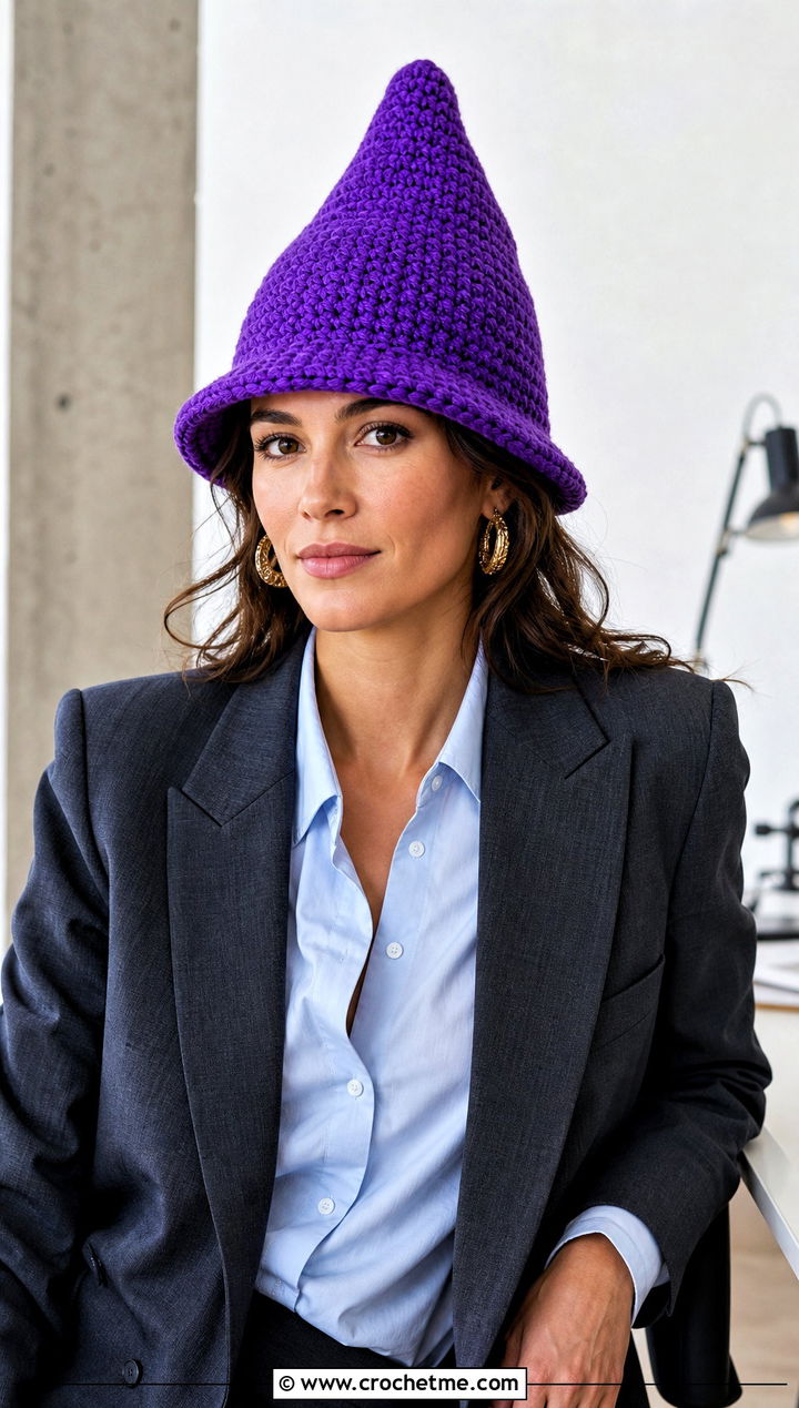 Brimmed Crochet Gnome Cap With Tailored Blazer - 15 Adult Crochet Gnome Hat outfit ideas