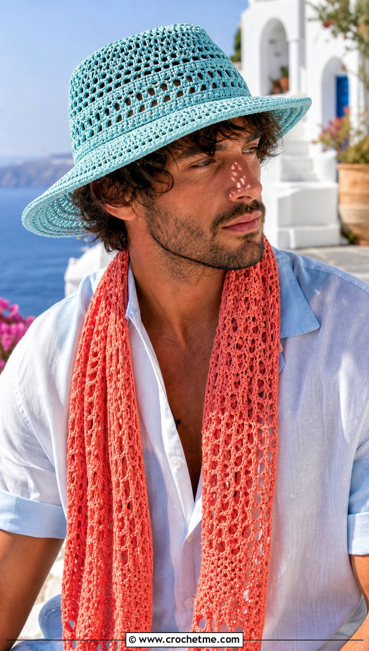 Brimmed Crochet Hat And Openwork Scarf With Resort Outfit - 15 Mens Crochet Hat And Scarf outfit ideas