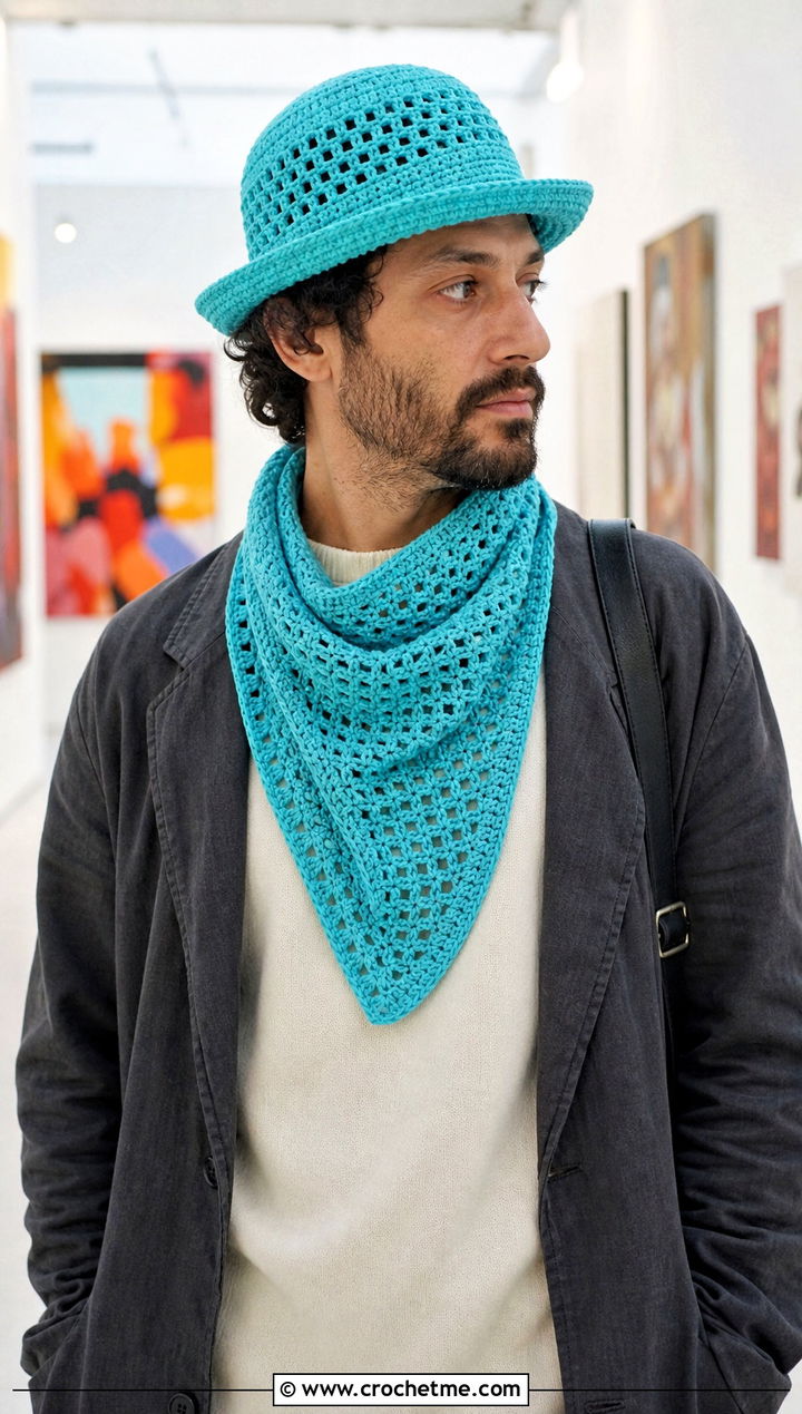 Brimmed Crochet Hat And Triangle Scarf With Relaxed Blazer - 20 Crochet Mens Hat And Scarf outfit ideas