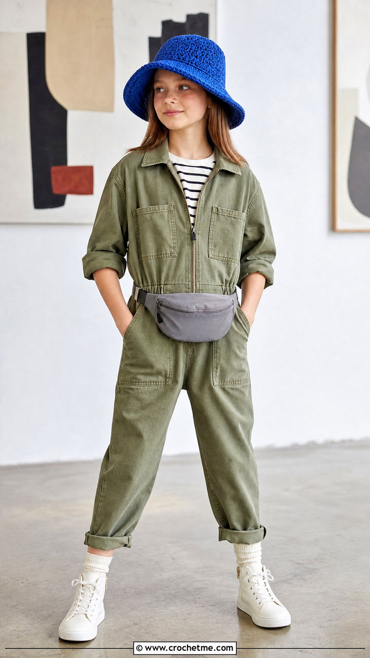 Brimmed Crochet Hat With Utility Jumpsuit - 35 childrens crochet hats outfit ideas