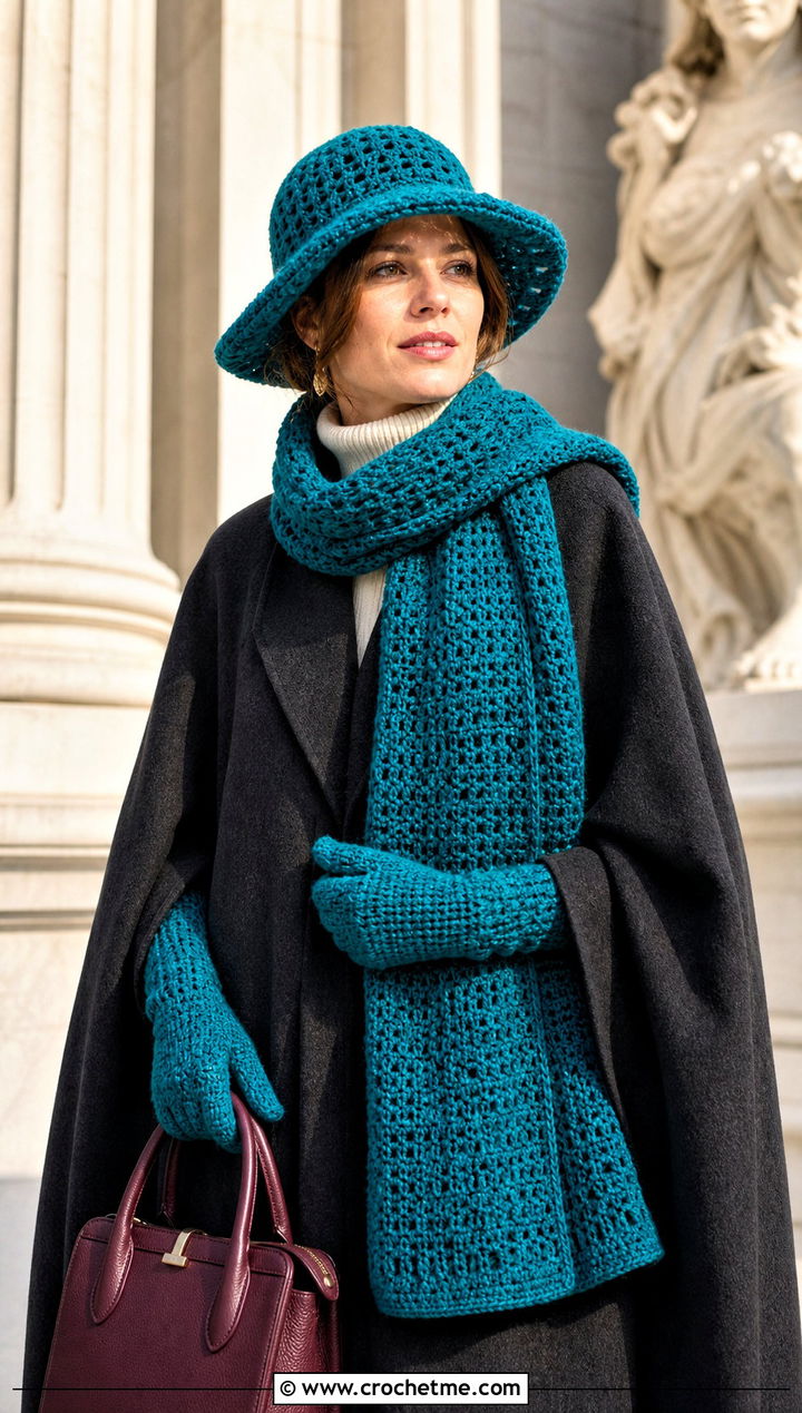 Brimmed Crochet Hat Wrap Scarf And Gloves With Cape Coat - 25 crochet hat scarf gloves set outfit ideas