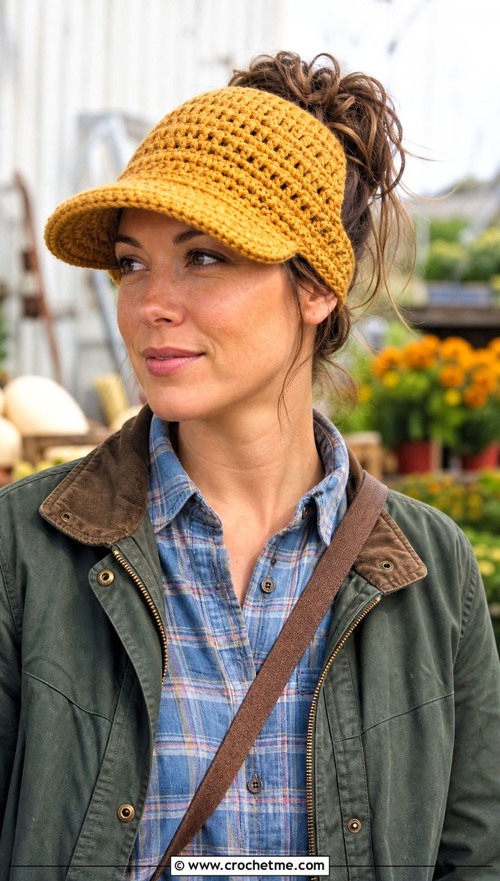 Brimmed Crochet Messy Bun Hat With Elastic And Barn Jacket - 25 Crochet Messy Bun Hat With Elastic outfit ideas