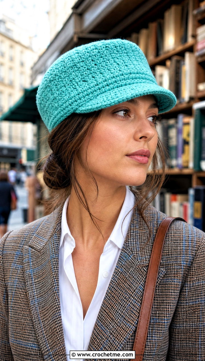 Brimmed Crochet Newsboy Hat With Plaid Blazer And Loafers - 15 Crochet Woolly Hat outfit ideas