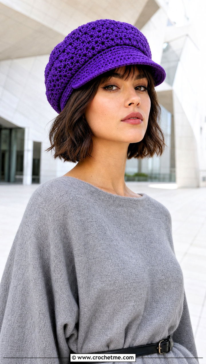 Brimmed Crochet Newsboy Hat With Sweater Dress - 25 newsboy crochet hat outfit ideas
