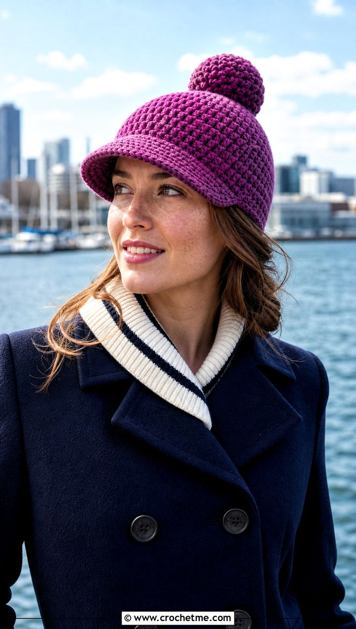 Brimmed Crochet Pom Pom Beanie With Peacoat - 30 crochet beanie with pom pom outfit ideas
