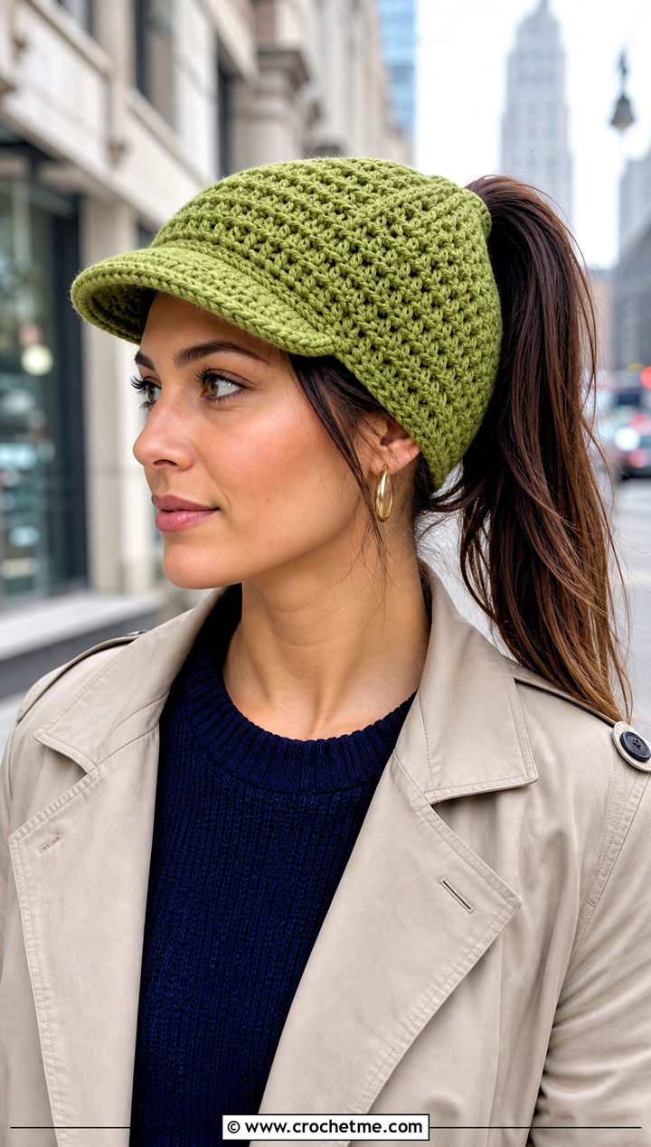 Brimmed Crochet Ponytail Beanie With Trench Coat - 20 Crochet Ponytail Beanie outfit ideas
