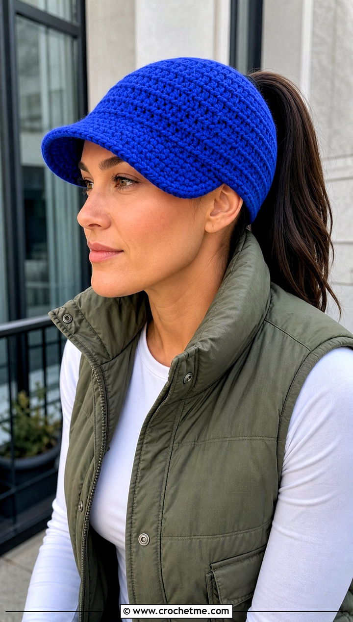 Brimmed Crochet Ponytail Beanie With Utility Vest And Cargo Jeans - 30 crochet beanie with ponytail hole outfit ideas