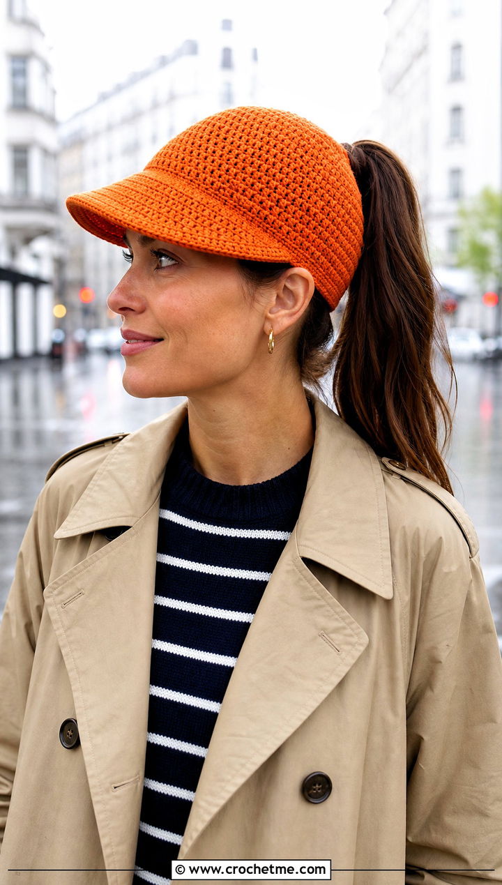 Brimmed Crochet Ponytail Hat With Trench Coat - 15 Crochet Bun Hats outfit ideas