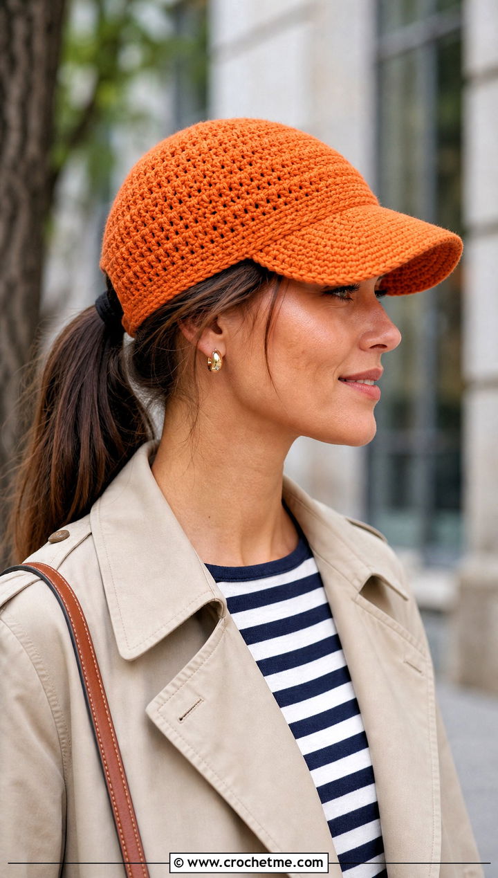 Brimmed Crochet Ponytail Hat With Trench Coat - 20 easy crochet ponytail hat outfit ideas