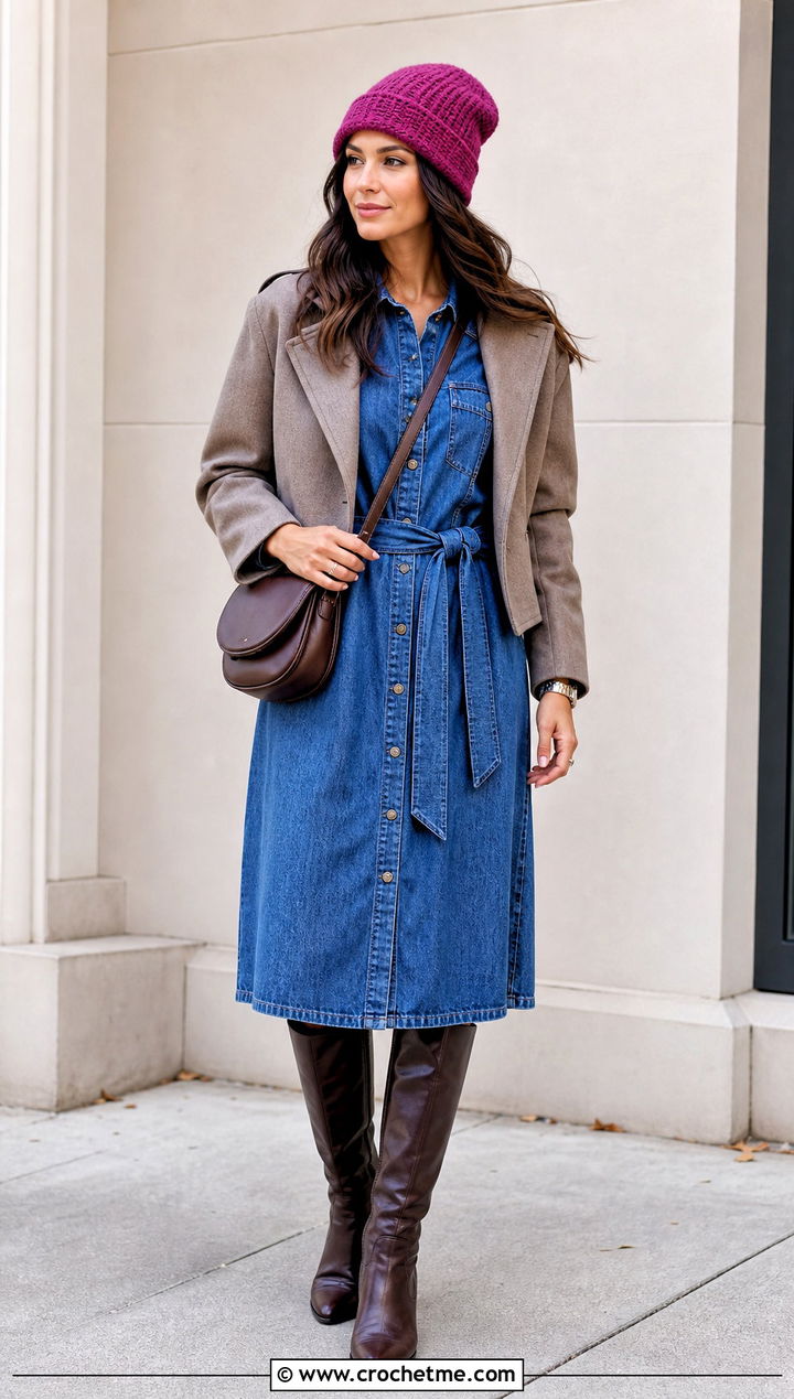 Brimmed Crochet Slouchy Beanie With Shirt Dress - 35 crochet slouchy beanie outfit ideas