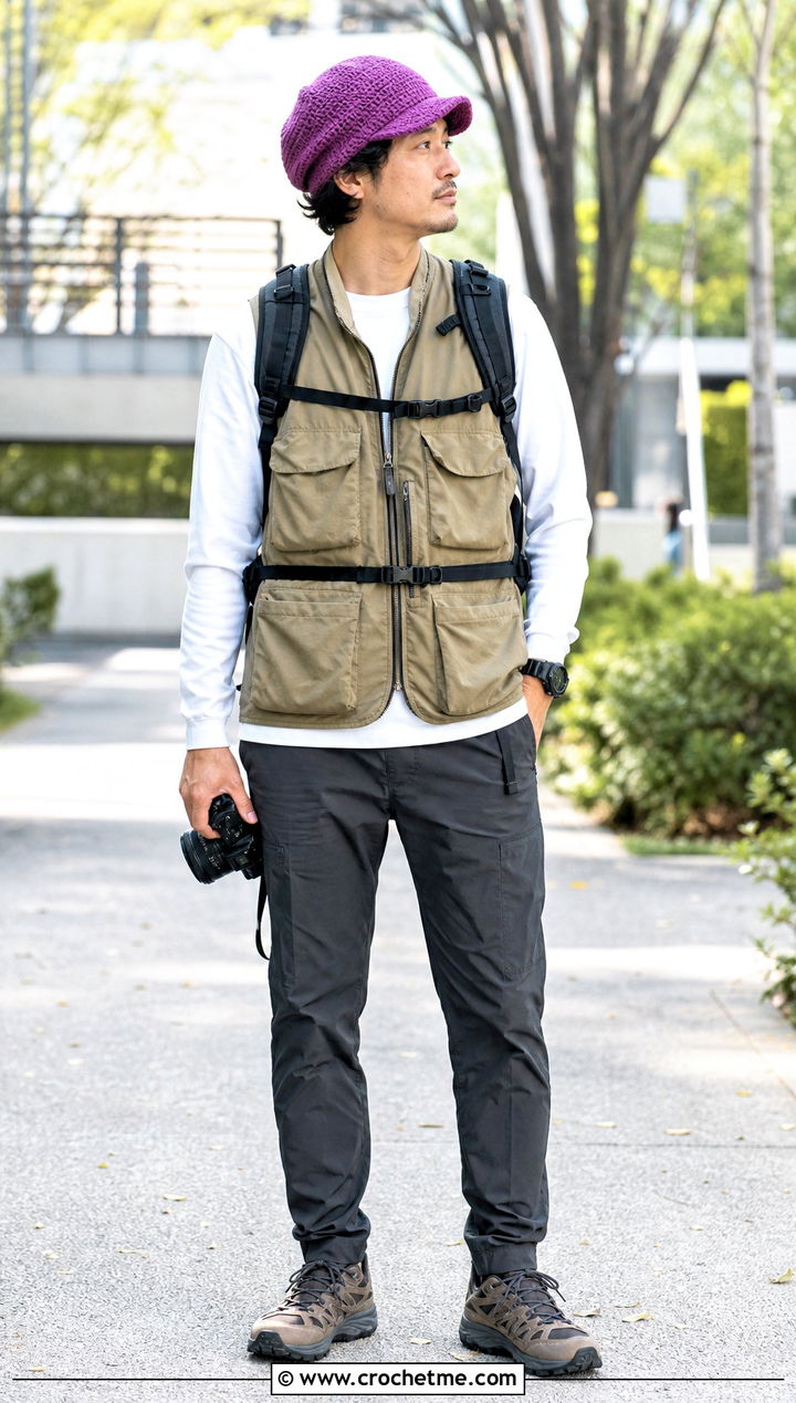 Brimmed Crochet Slouchy Beanie With Utility Vest - 35 Crochet Slouchy Hat Mens Slouch Beanie outfit ideas