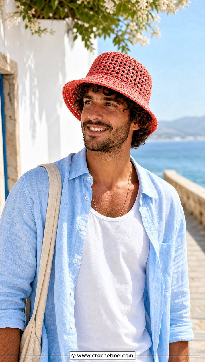 Brimmed Crochet Sun Hat With Vacation Outfit - 15 Crochet Men's Hats outfit ideas