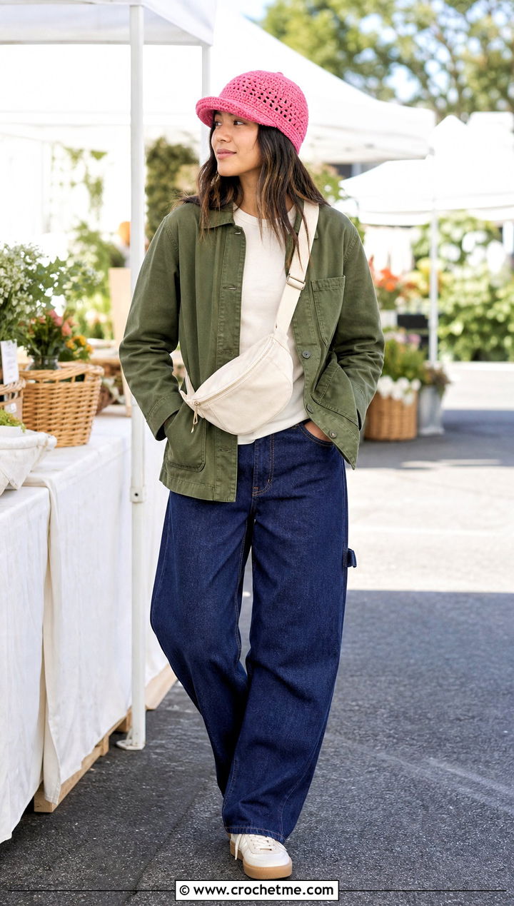 Brimmed Crocheted Beanie With Chore Jacket And Carpenter Jeans - 35 crocheted beanie outfit ideas