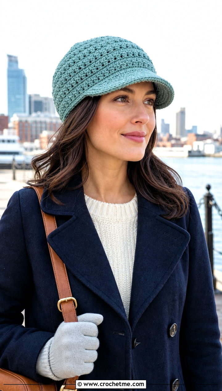 Brimmed Double Crochet Beanie With Peacoat - 30 double crochet hat outfit ideas