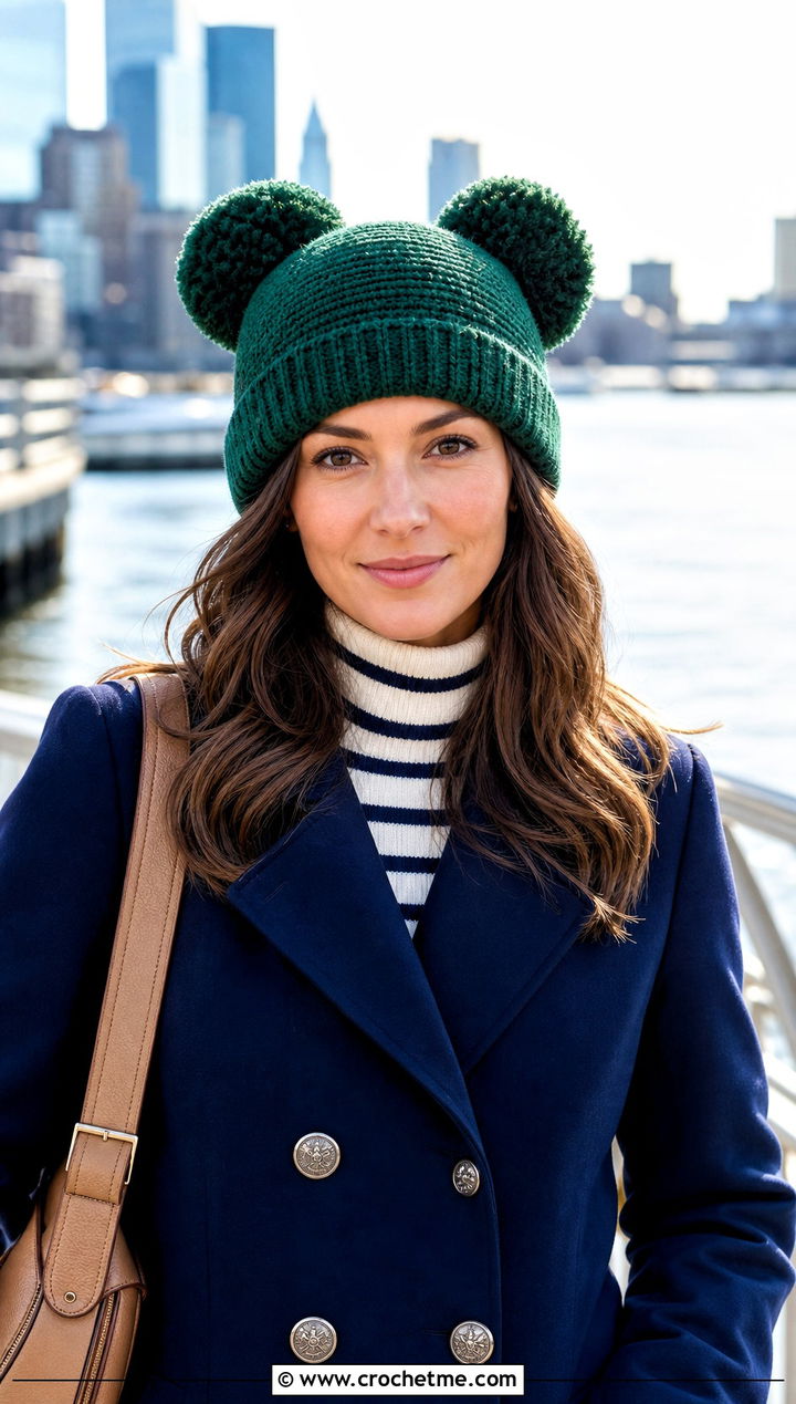 Brimmed Double Pom Pom Hat With Peacoat - 25 Crochet Double Pom Pom Hat outfit ideas