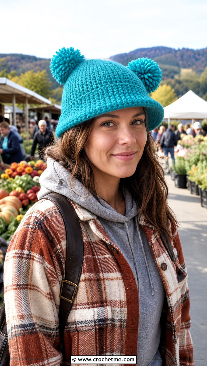 Brimmed Double Pompom Crochet Hat With Plaid Shacket - 25 Double Pompom Crochet Hat outfit ideas