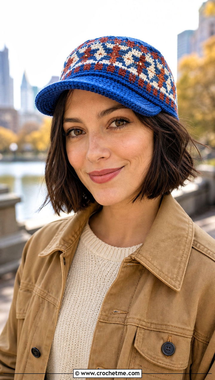 Brimmed Fair Isle Crochet Cap With Utility Jacket - 30 fair isle crochet hat outfit ideas